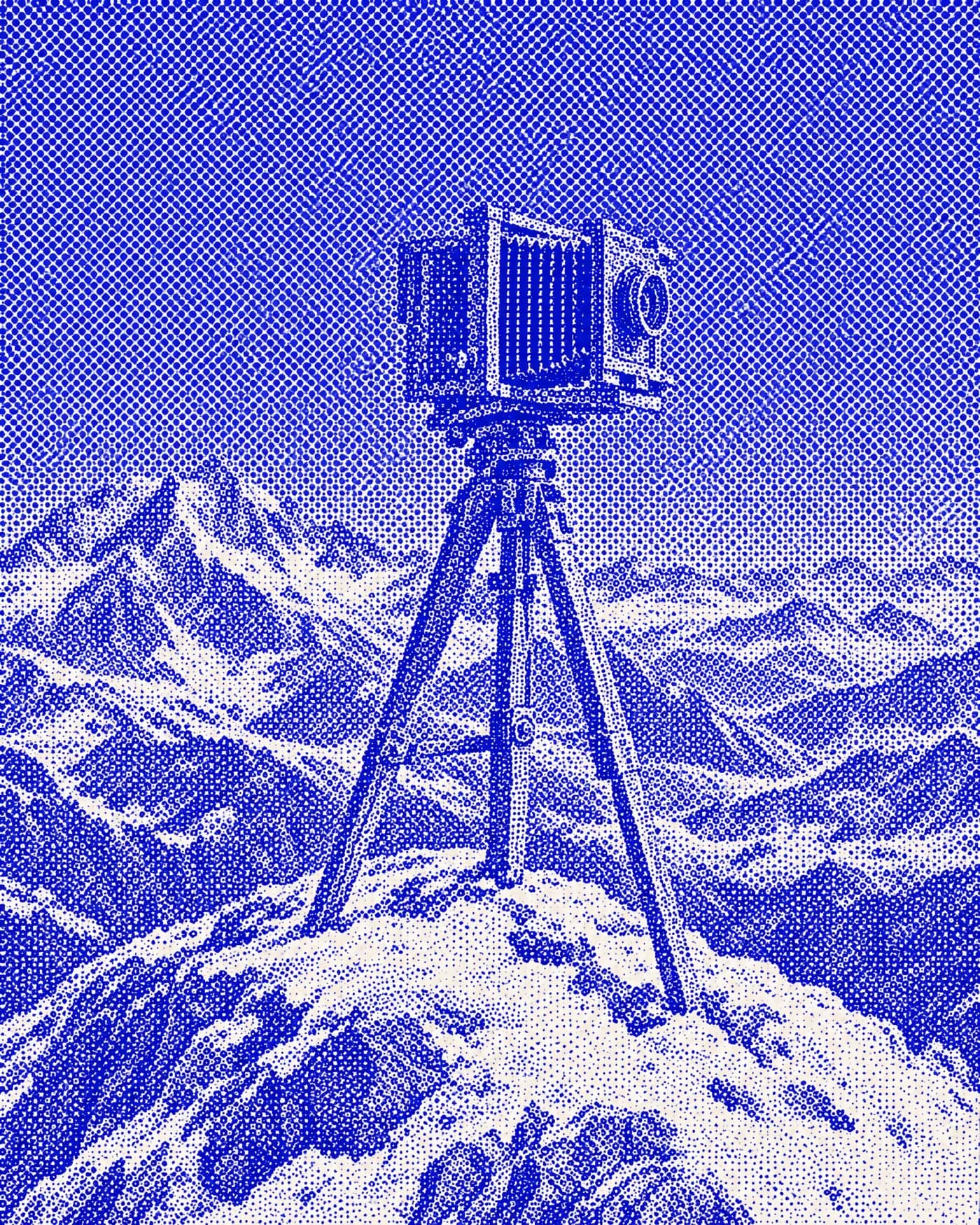 A stippled engraving of a large-format camera on a tripod, on a summit
