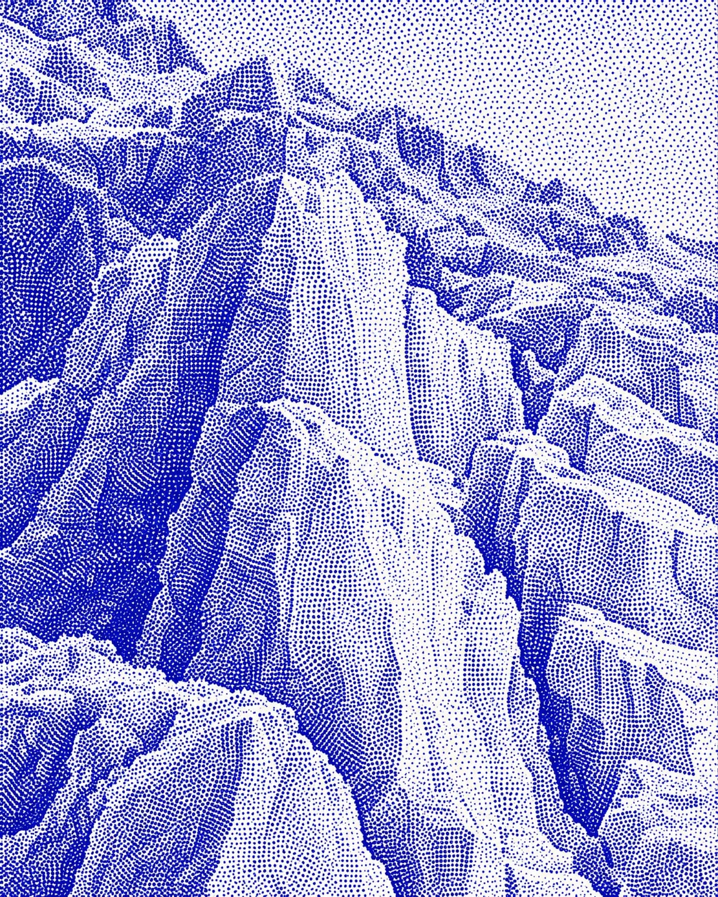 A stippled engraving of a glacier icefall